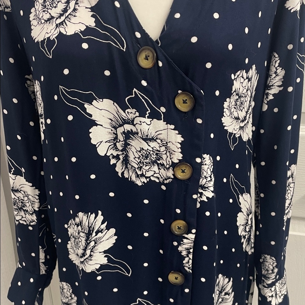 Kaffe Floral Button-Down Navy Wrap Dress V Neck Long Sleeve Button Cuffs Sz 34EU - Picture 4 of 16
